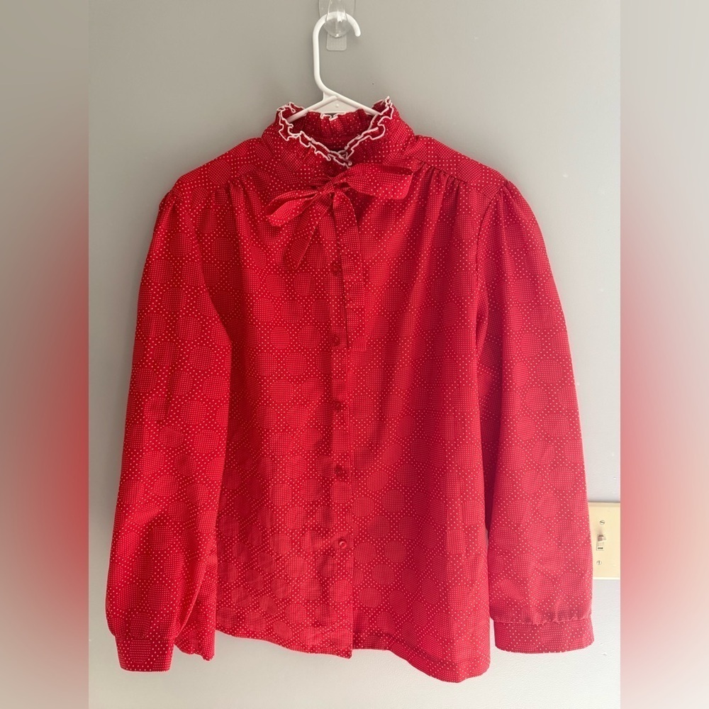 VTG Pykettes Button Up Ruffle Mock Neck Blouse Womens SZ L Red Polka Dot Bow